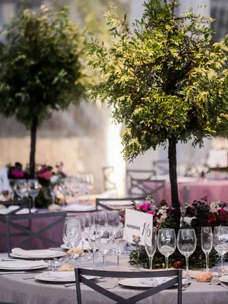 Mesa de banquete de boda con mantel gris, cristalería, flores en tonos burdeos y un pequeño árbol como centro