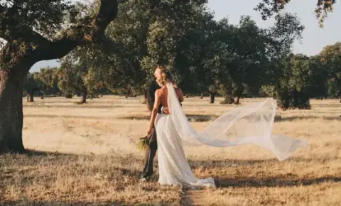 Pareja de novios en un paisaje veraniego