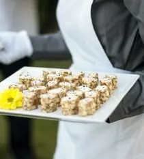 Camarero con guantes blancos sirviendo una bandeja de bocados enrollados en un cóctel de eventos al aire libre