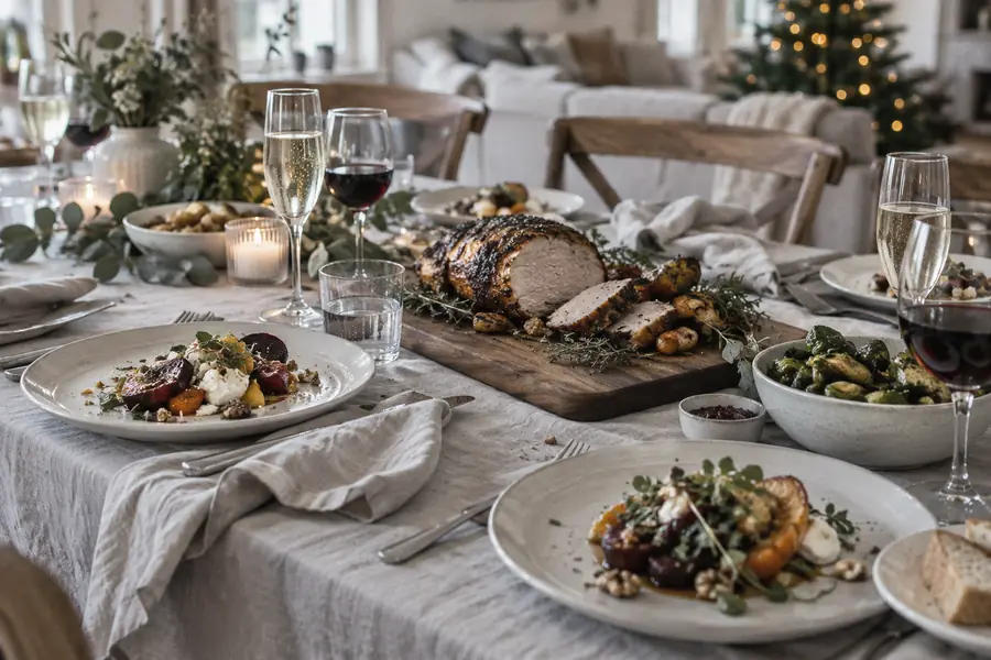 Mesa de cena de Nochevieja en casa con entrantes, asado y copas de cava