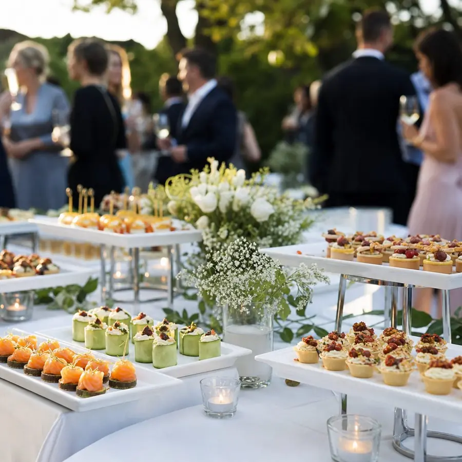 Mesa de catering con variedad de canapés y aperitivos servidos en un evento elegante