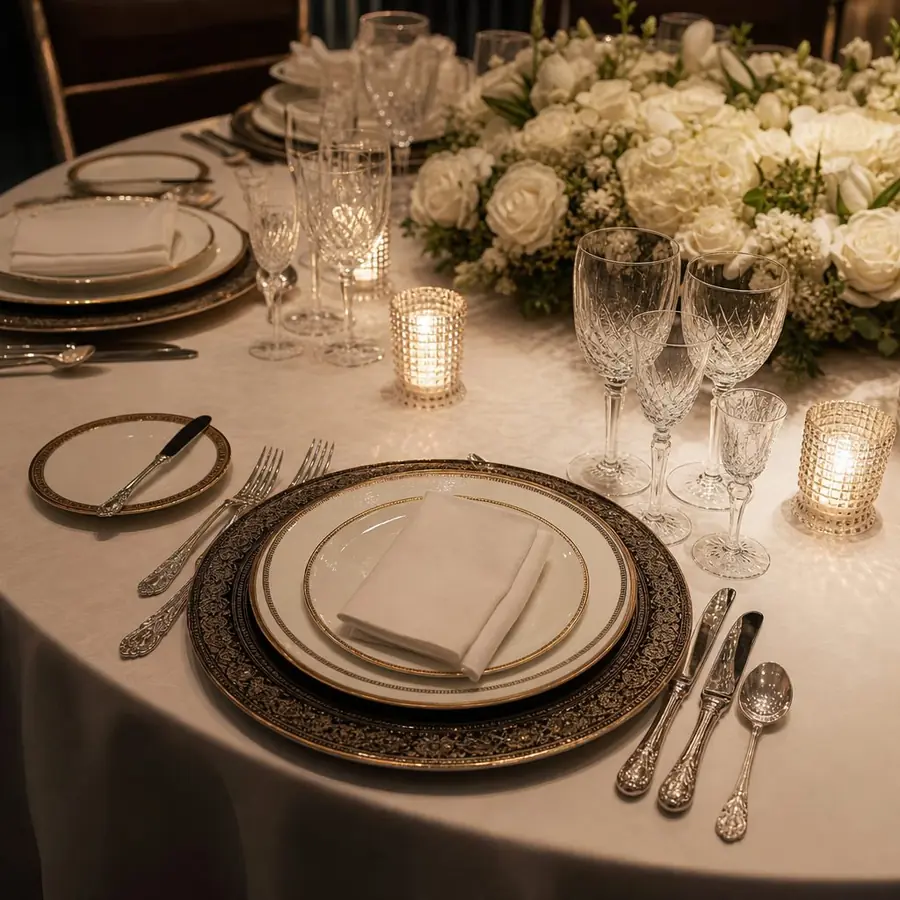 Mesa formal montada con protocolo: copas, platos y cubiertos perfectamente colocados en una cena de gala