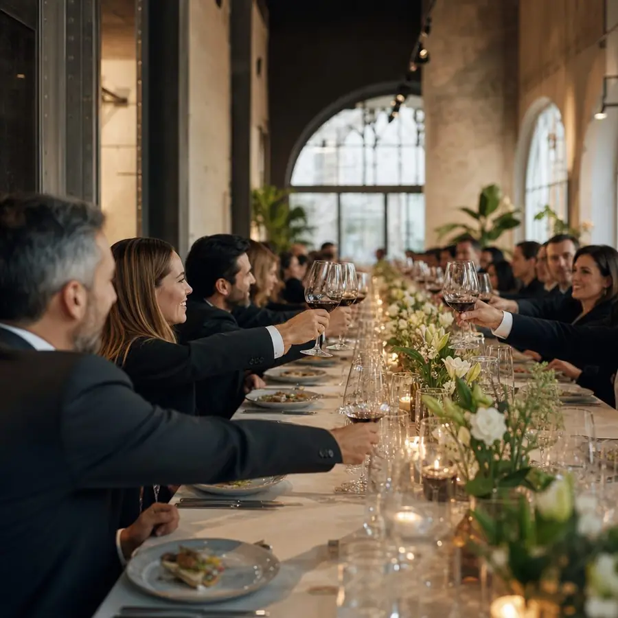 Cena de empresa elegante en un espacio de Madrid con mesa larga decorada y profesionales brindando