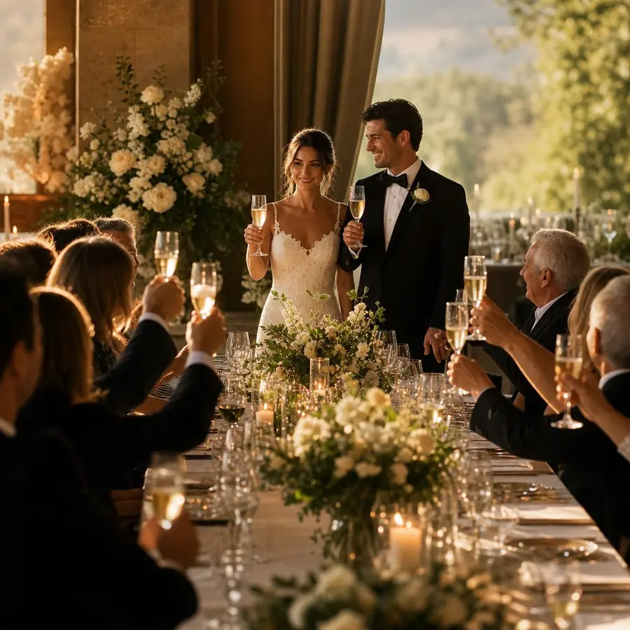 Novios brindando con los invitados durante el banquete de boda al atardecer
