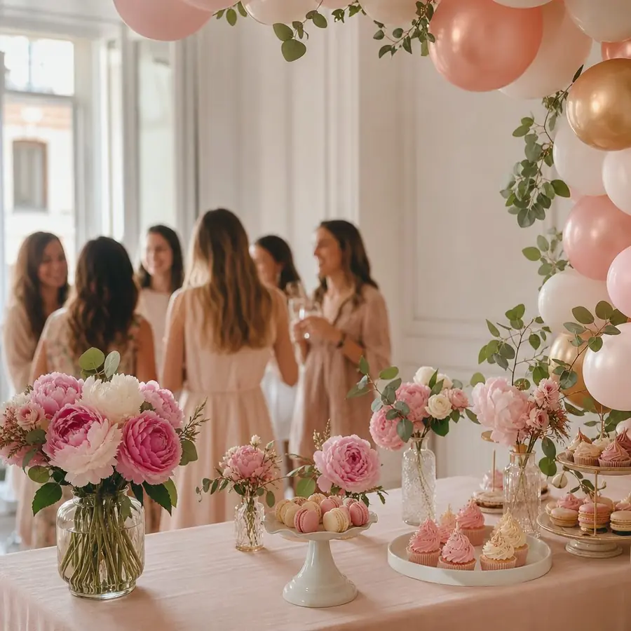 Mesa decorada para un baby shower en Madrid con globos, cupcakes y flores frescas