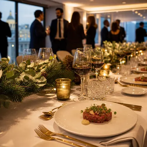 Mesa decorada para una cena de Navidad de empresa en Madrid con copas de cristal y velas