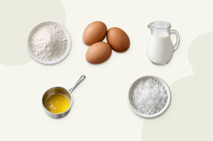 Harina, huevos, leche, mantequilla derretida y sal para la masa de crepes