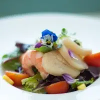 Plato de langostino y vieiras sobre brotes de lechuga, tomate cherry y flores comestibles, para eventos con catering