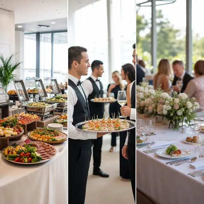 Tres formatos de catering, buffet, cóctel y banquete, presentados uno al lado del otro