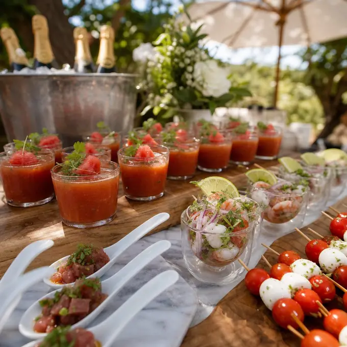 Estación de aperitivos fríos en un cóctel de boda de verano con gazpacho, ceviche y brochetas