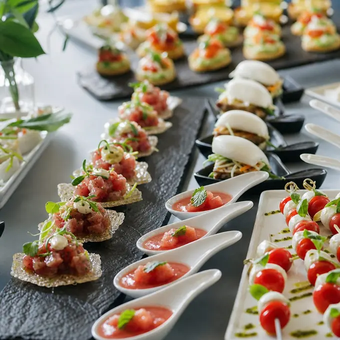 Selección de canapés y aperitivos frescos para un cóctel corporativo de septiembre en Madrid