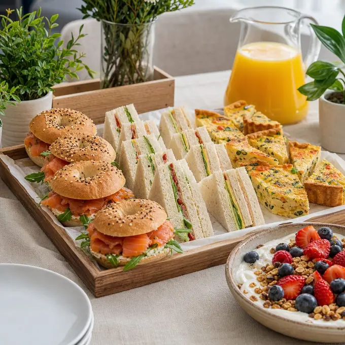 Estación de buffet de brunch corporativo con mini bagels, sándwiches y bowl de yogur con granola