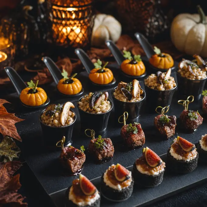 Aperitivos gourmet de catering temático de Halloween con crema de calabaza, brochetas y tartaletas sobre pizarra oscura