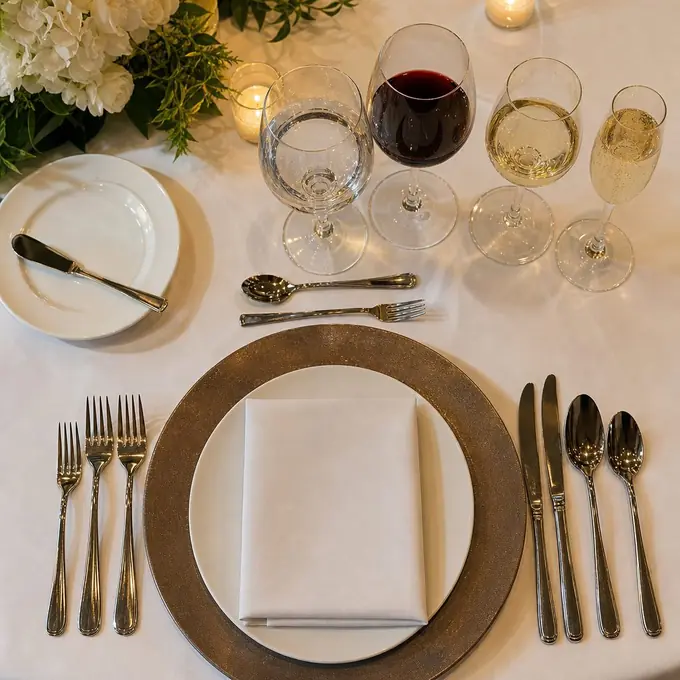 Montaje de mesa de gala con cubiertos ordenados y cuatro copas colocadas en diagonal