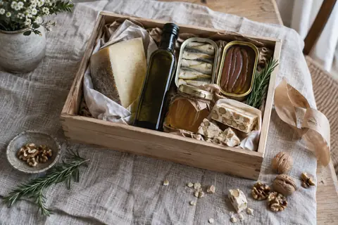 Cesta de Navidad gourmet para empresa con queso curado, aceite, conservas, miel y turrón artesano