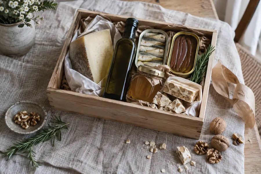 Cesta de Navidad gourmet para empresa con queso curado, aceite, conservas, miel y turrón artesano