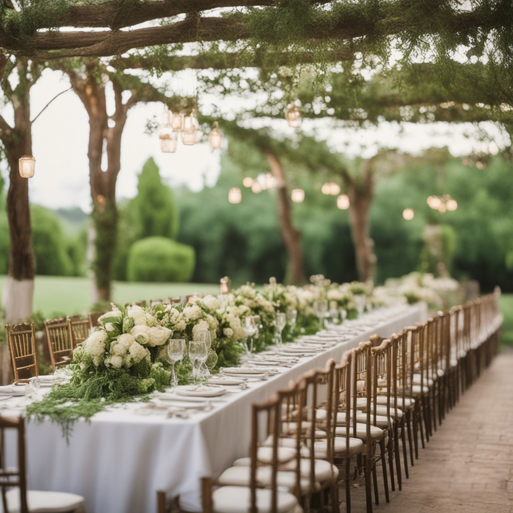 Mesa corrida preparada para boda en un bonito jardín verde