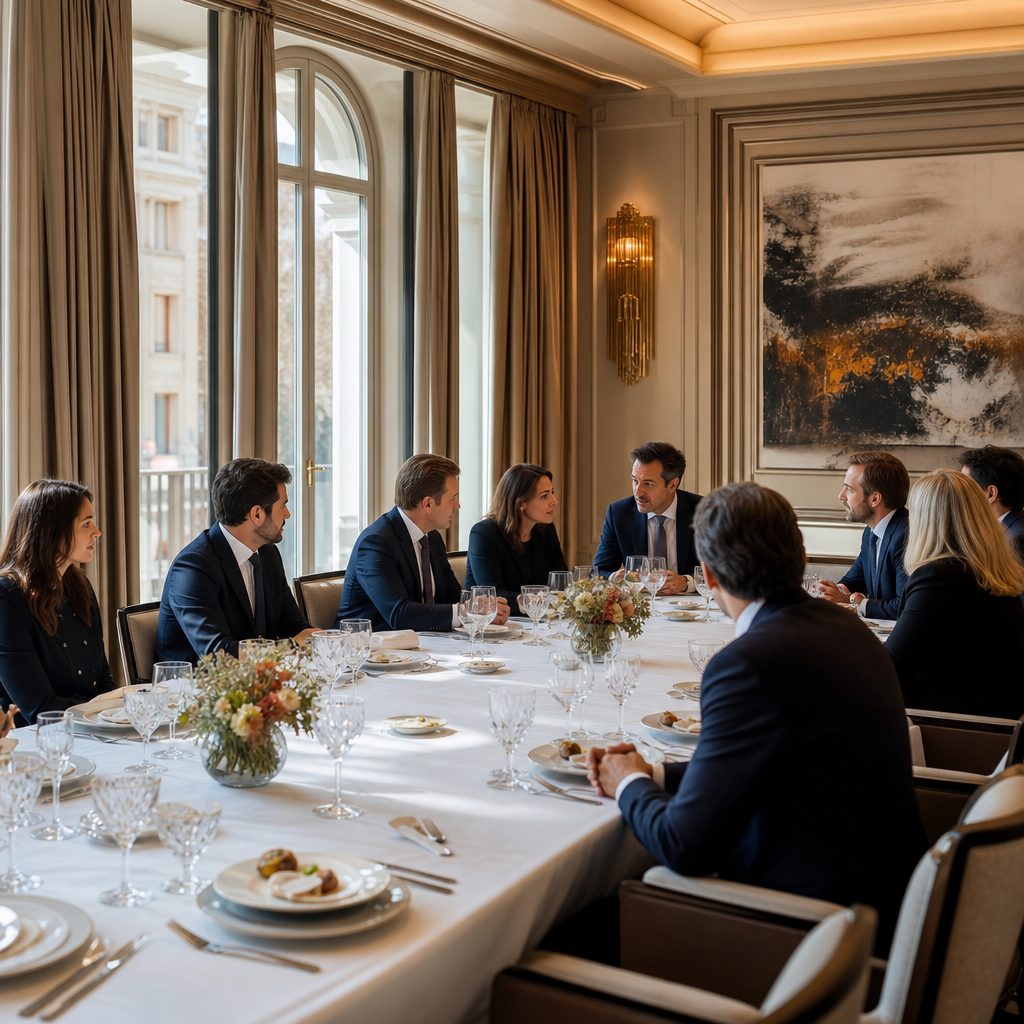 Mesa rectangular preparada para una comida de empresa formal con cristalería y cubertería en un comedor privado