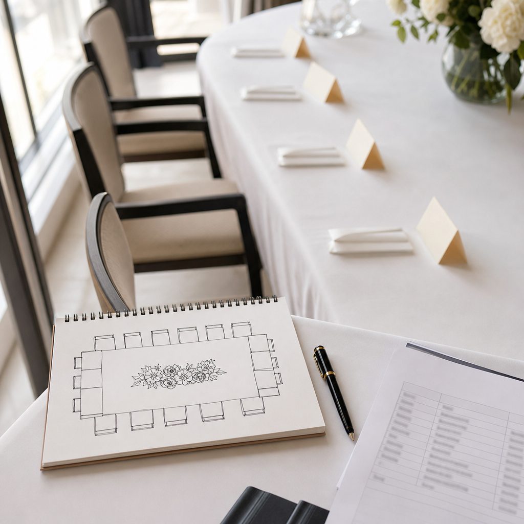 Plano de mesa dibujado a mano junto a marcasitios y lista de invitados sobre una mesa preparada