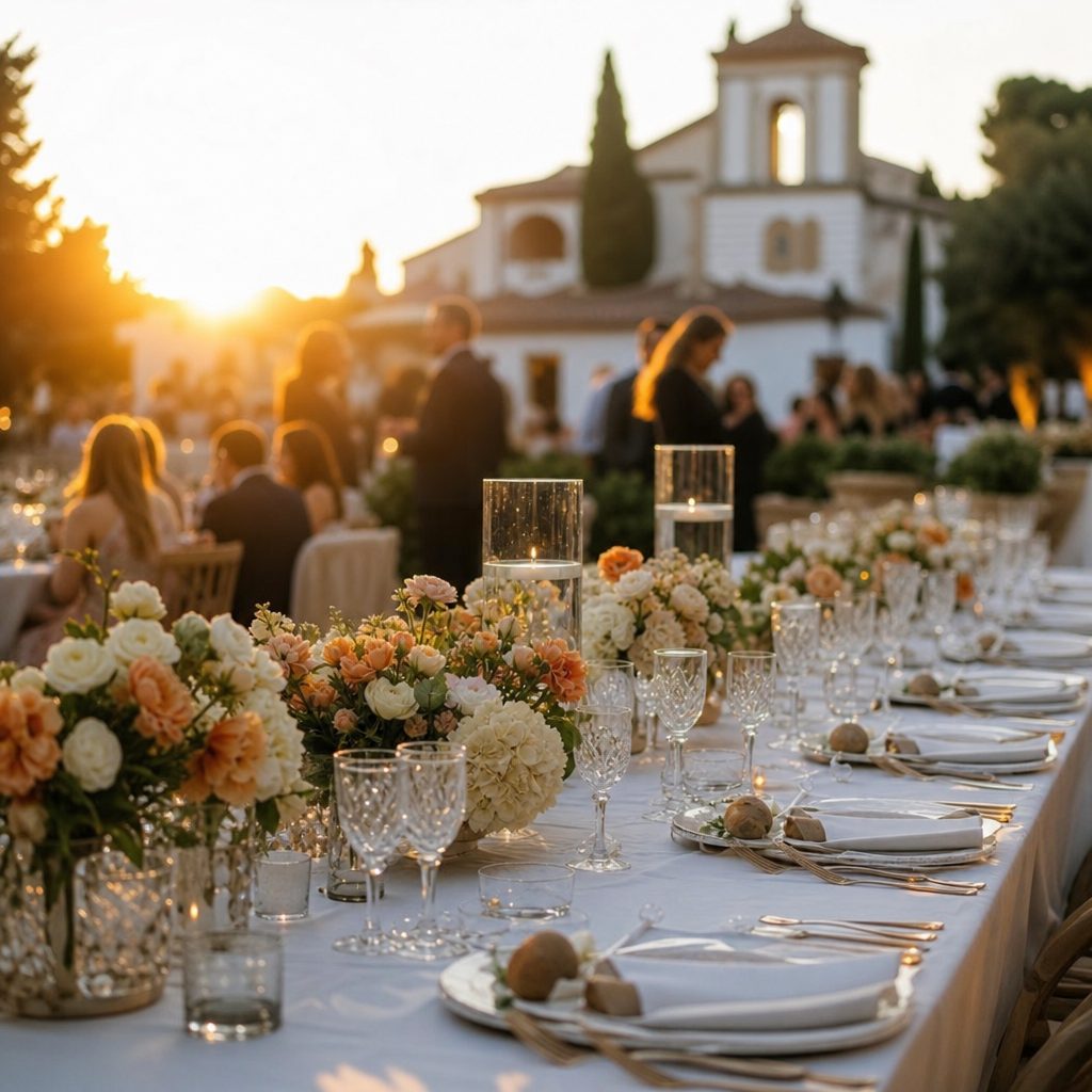 Mesa de banquete de boda elegante con vajilla, cristalería y centros florales en jardín mediterráneo
