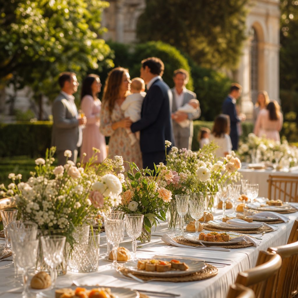 Mesa decorada para un bautizo en un jardín de Madrid con flores y vajilla elegante