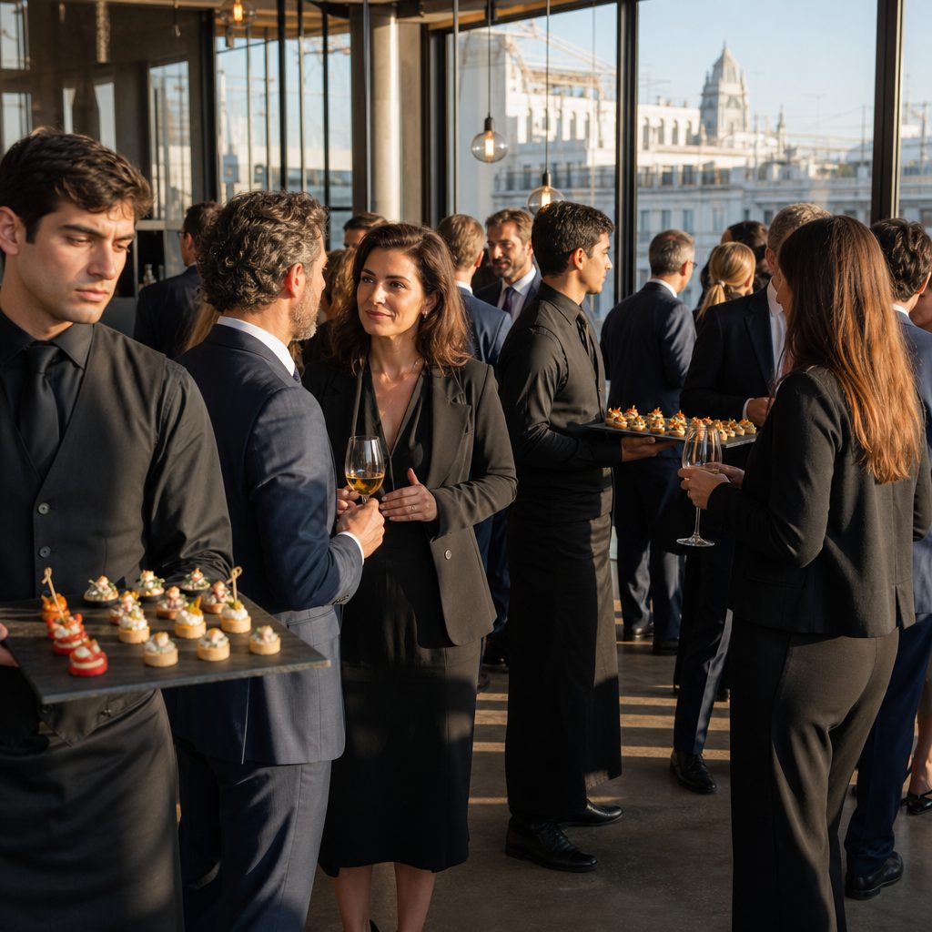 Camareros sirviendo canapés en un cóctel de empresa elegante en Madrid