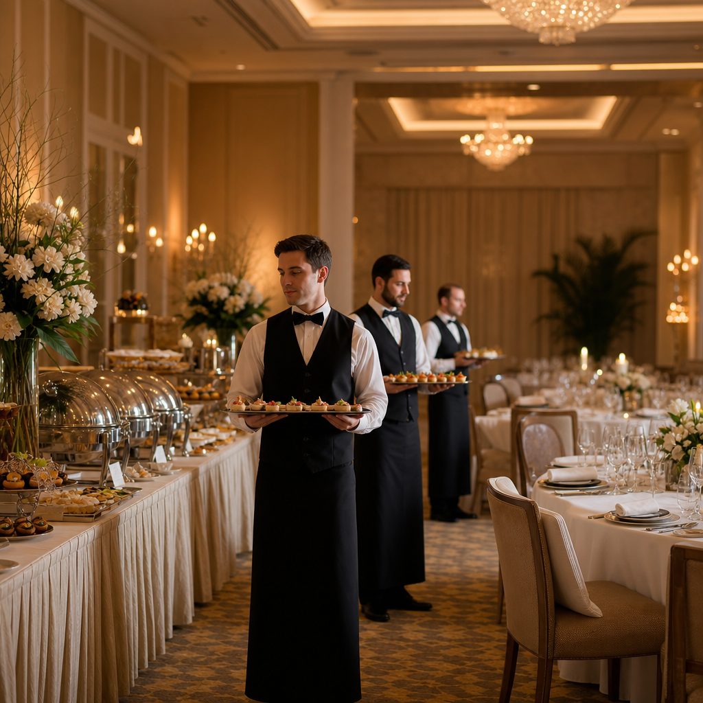 Comparativa visual de buffet, cóctel y banquete en un evento elegante