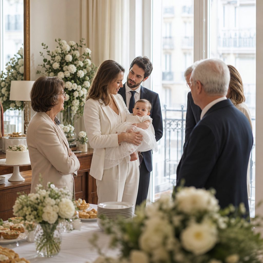 Mesa decorada para un bautizo celebrado en casa con flores blancas y aperitivos