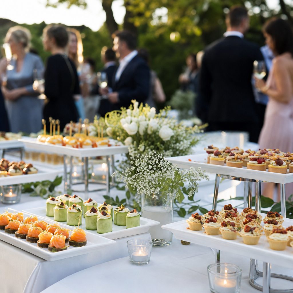 Mesa de catering con variedad de canapés y aperitivos servidos en un evento elegante
