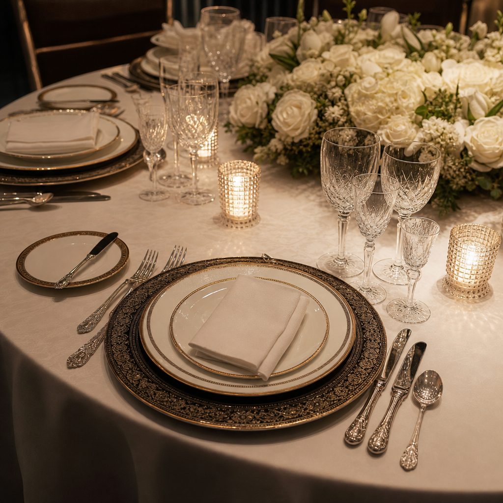 Mesa formal montada con protocolo: copas, platos y cubiertos perfectamente colocados en una cena de gala