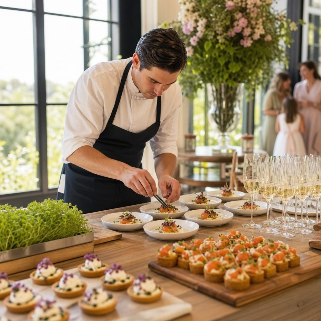 Estación de cóctel en un bautizo con chef emplatando aperitivos gourmet