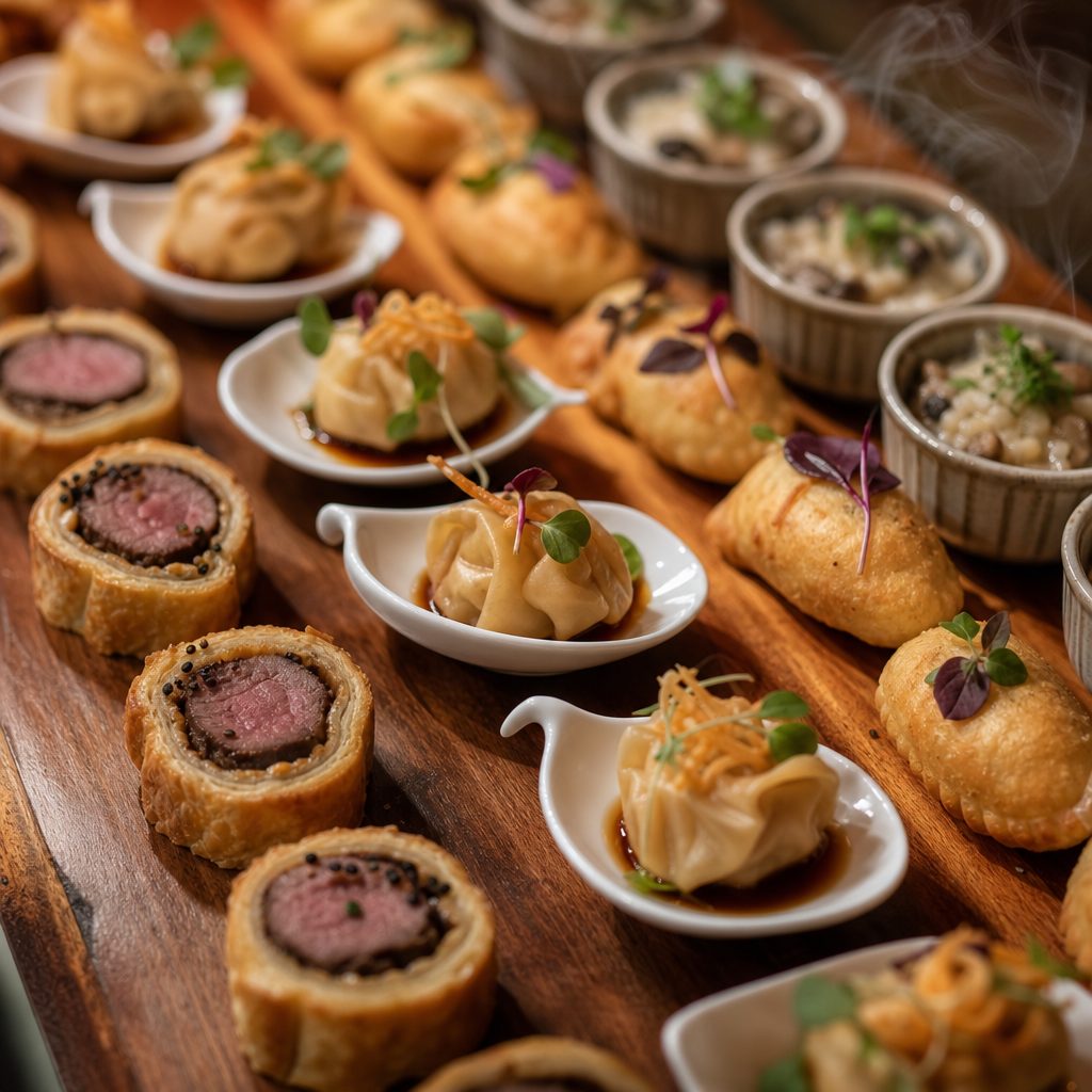 Variedad de bocados calientes gourmet para un menú de cóctel corporativo