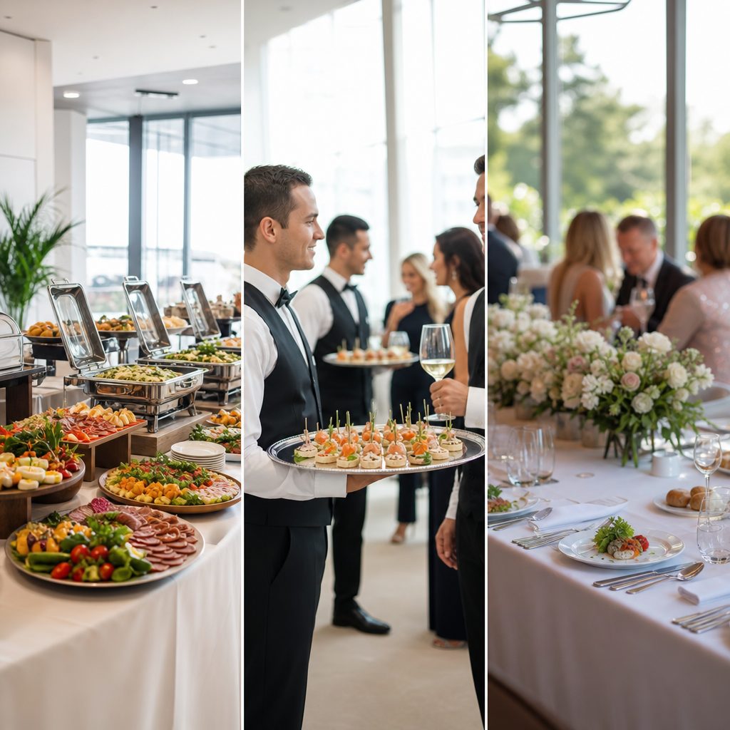 Tres formatos de catering, buffet, cóctel y banquete, presentados uno al lado del otro