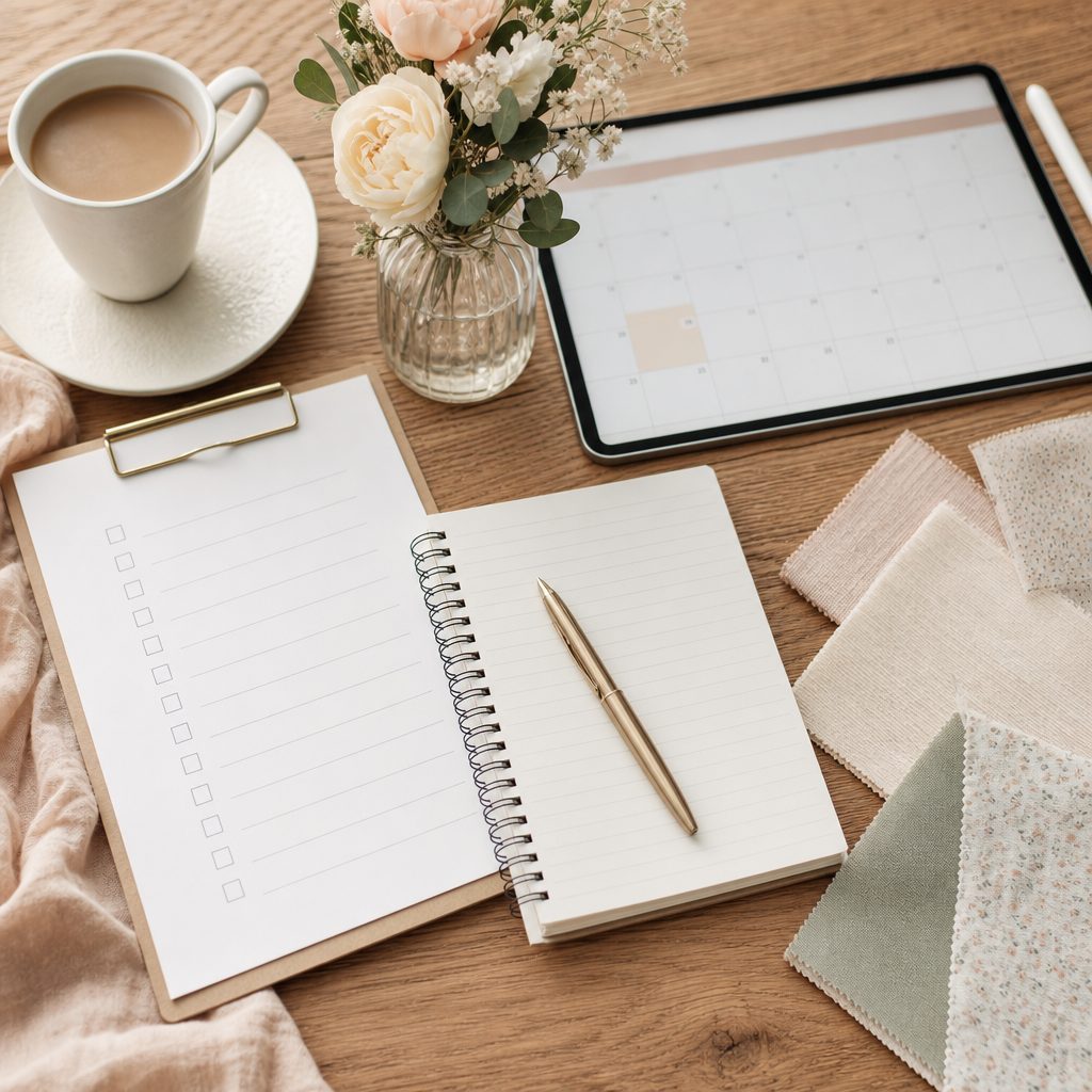 Checklist y agenda sobre una mesa para planificar un bautizo en casa