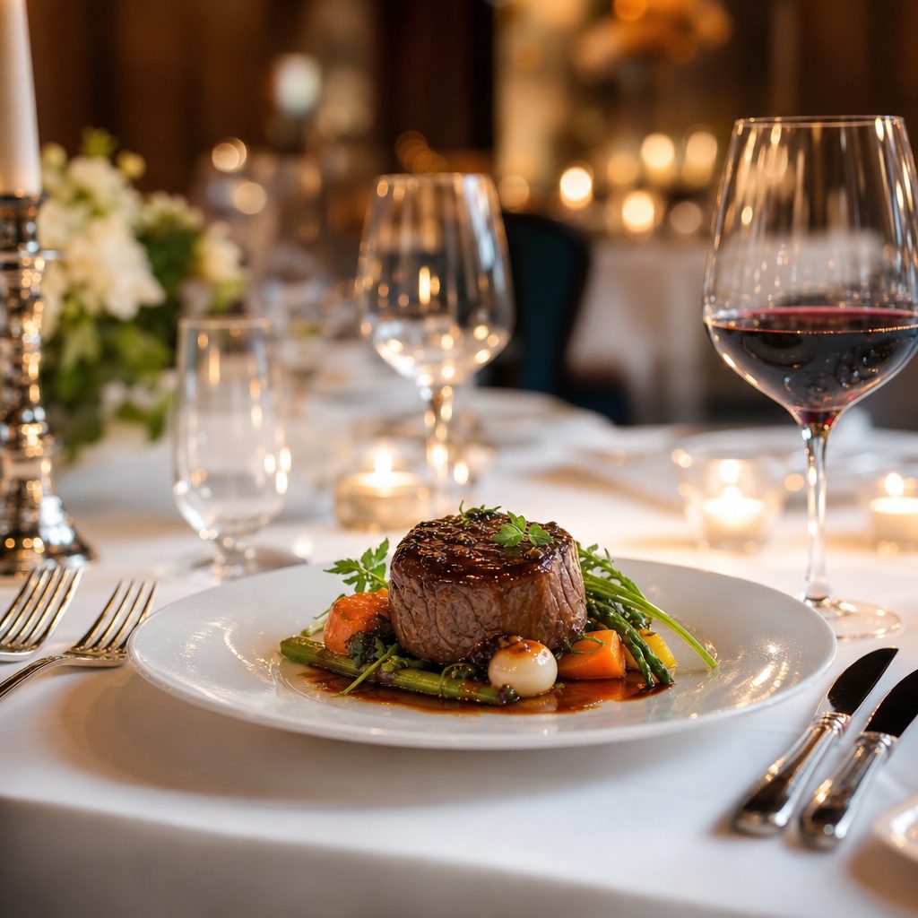 Plato principal de carne emplatado en un banquete formal de boda con vajilla y cristalería elegante