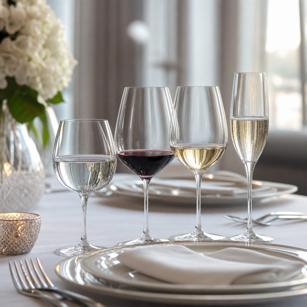 Detalle de la colocación de copas en una mesa formal: copa de agua, vino tinto, vino blanco y cava en diagonal