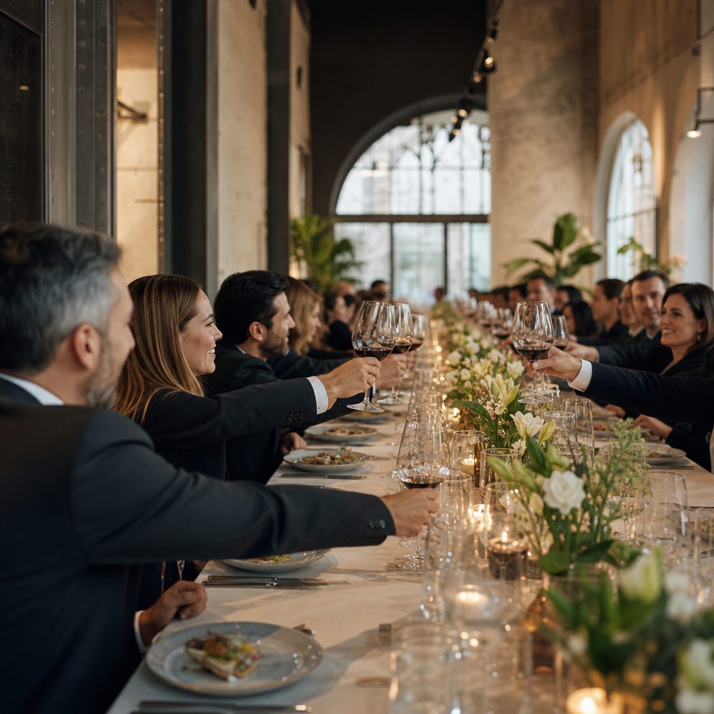 Cena de empresa elegante en un espacio de Madrid con mesa larga decorada y profesionales brindando