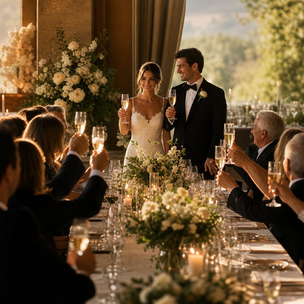 Novios brindando con los invitados durante el banquete de boda al atardecer