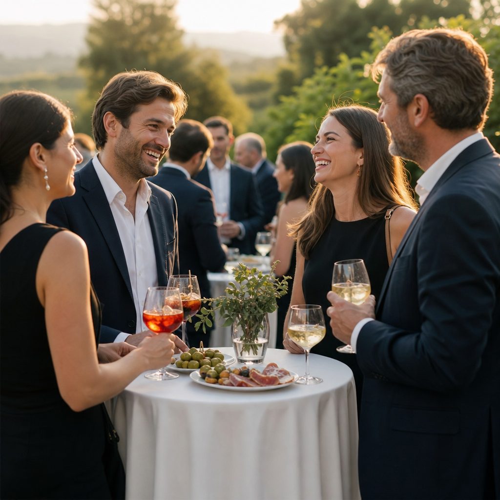 Invitados disfrutando de un aperitivo al aire libre con copas de vermut y pequeños platos de tapas