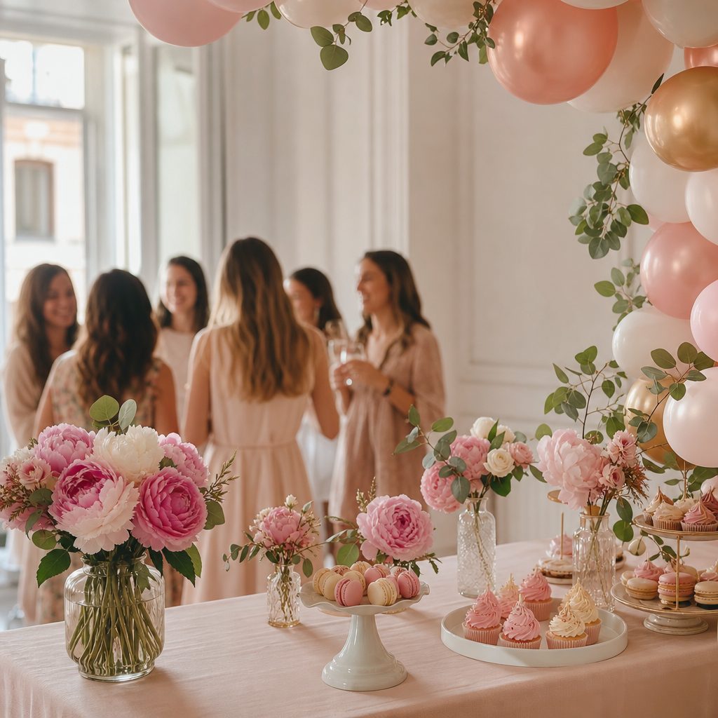 Mesa decorada para un baby shower en Madrid con globos, cupcakes y flores frescas