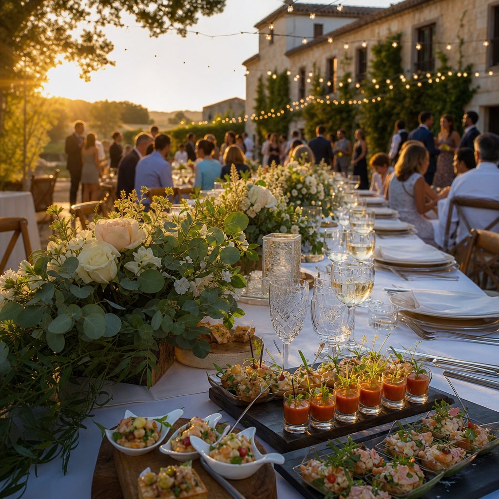 Banquete de boda de verano al aire libre en finca de Madrid al atardecer con mesa larga decorada