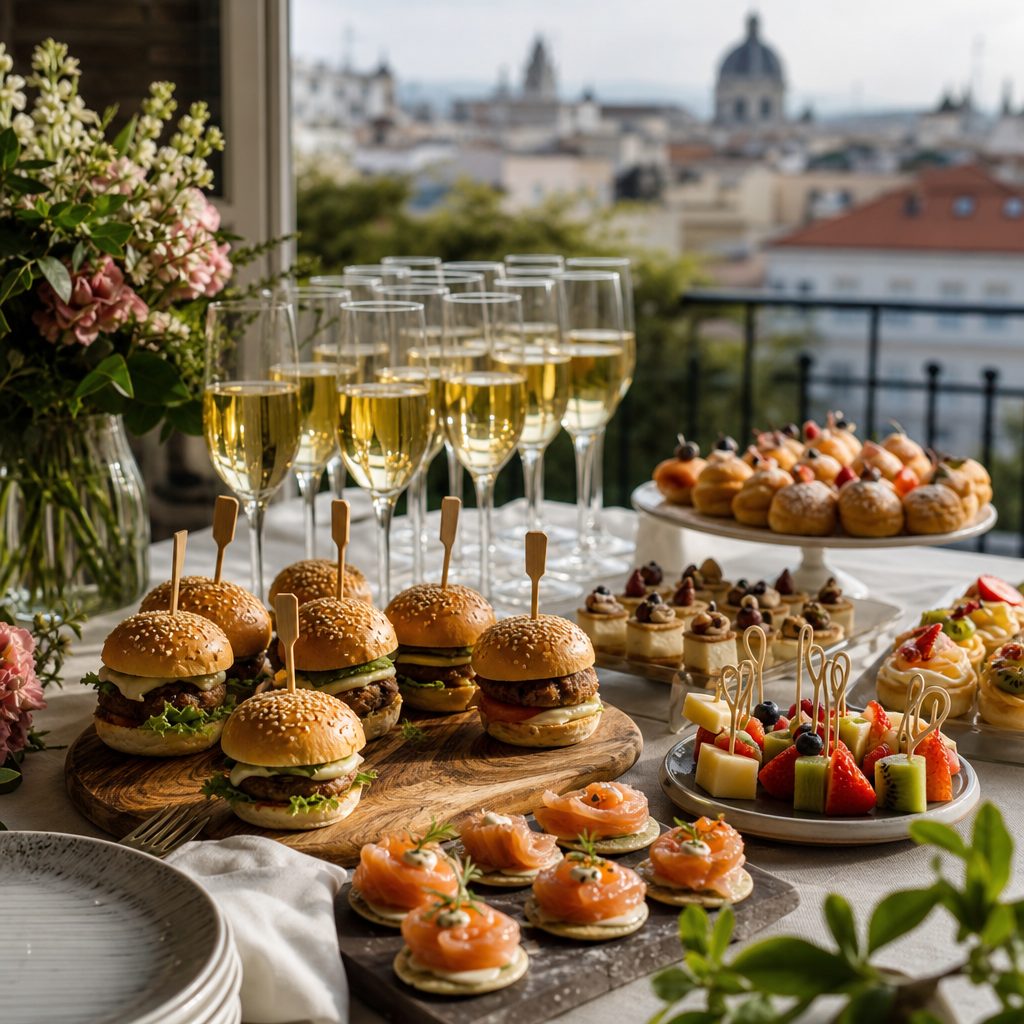 Mesa de catering para fiesta de graduación en casa con canapés variados y copas de cava
