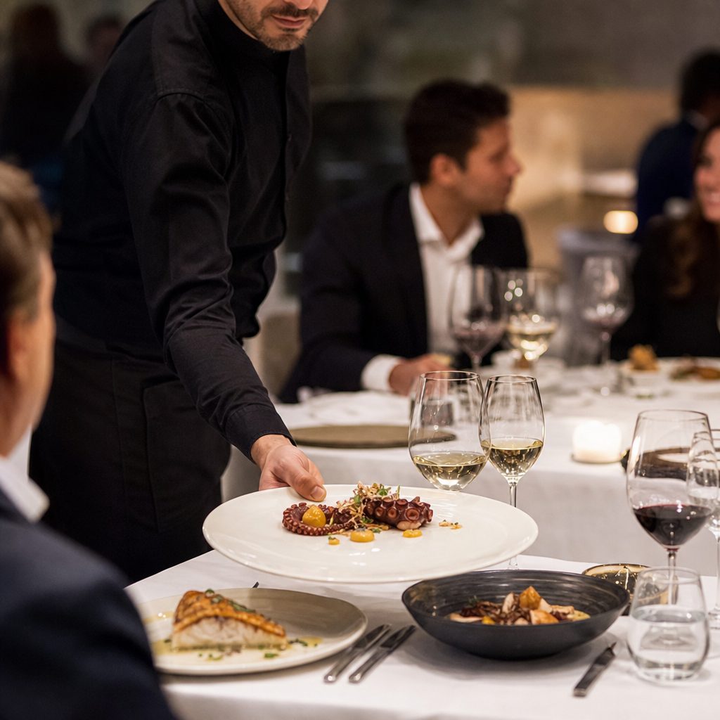 Camarero sirviendo un plato gourmet en una cena corporativa con mesa elegantemente montada