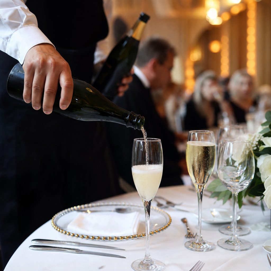 Camareros sirviendo cava en copas de cristal sobre una mesa de boda elegante