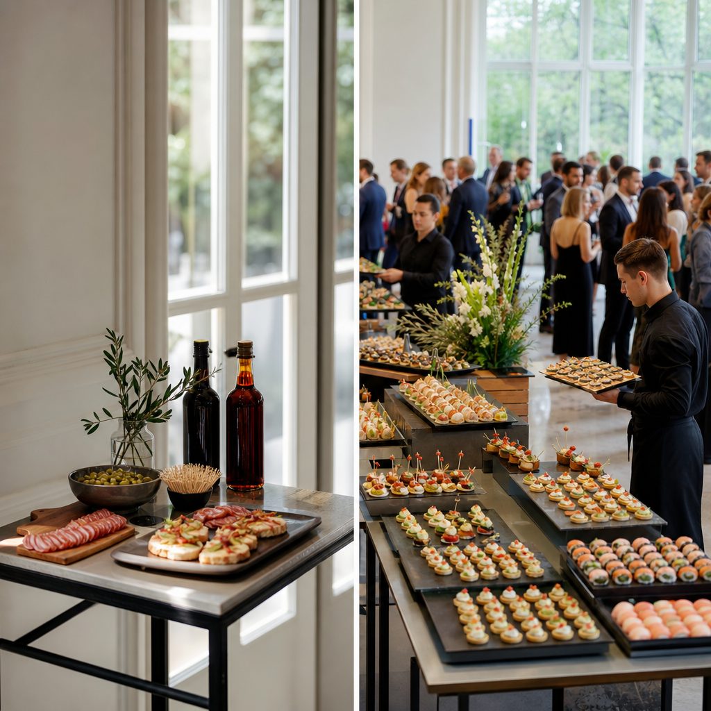 Comparación visual entre un montaje de aperitivo sencillo y un cóctel completo con varias estaciones de comida