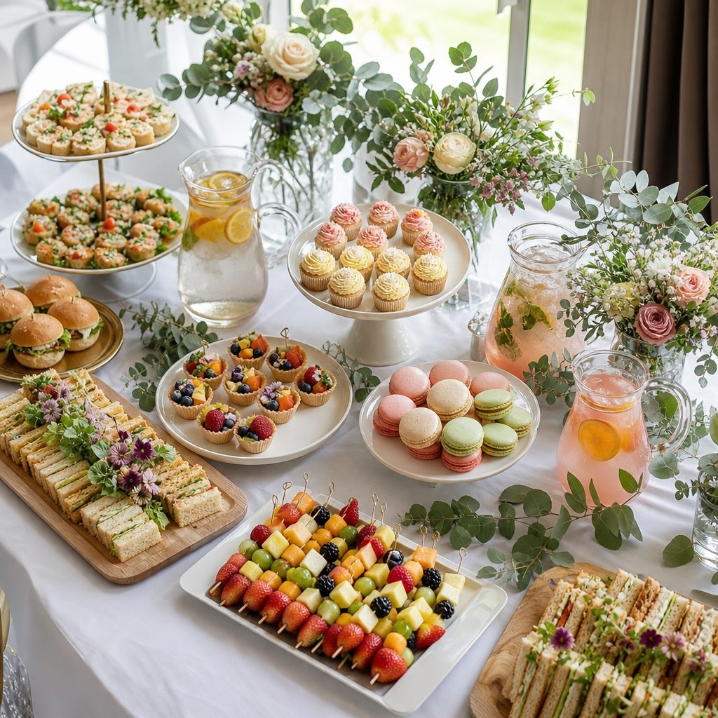 Buffet de catering para baby shower con sandwichitos, brochetas de fruta y cupcakes