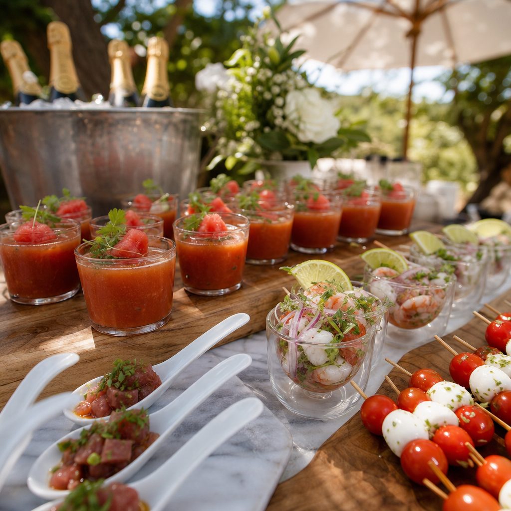 Estación de aperitivos fríos en un cóctel de boda de verano con gazpacho, ceviche y brochetas