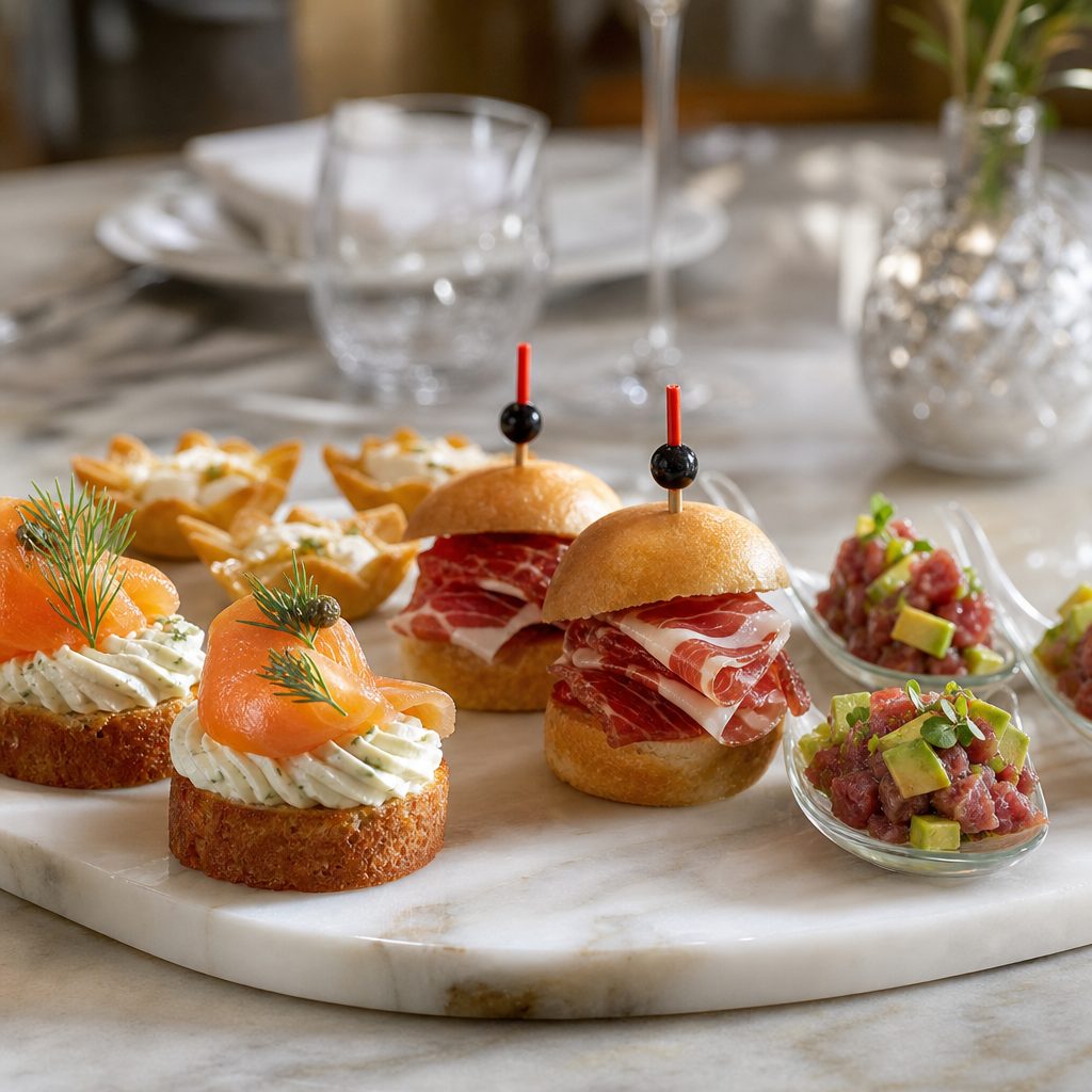 Selección de aperitivos gourmet servidos en una pedida de mano