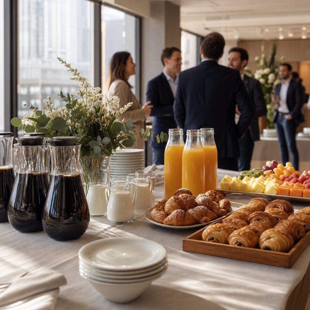 Estación de coffee break montada en oficina de Madrid con café, zumos y bollería variada