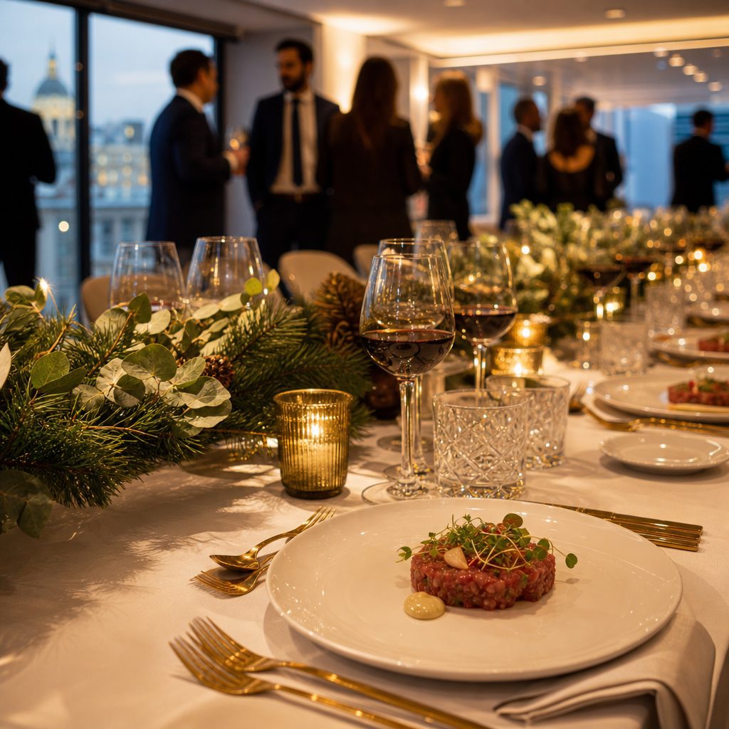 Mesa decorada para una cena de Navidad de empresa en Madrid con copas de cristal y velas